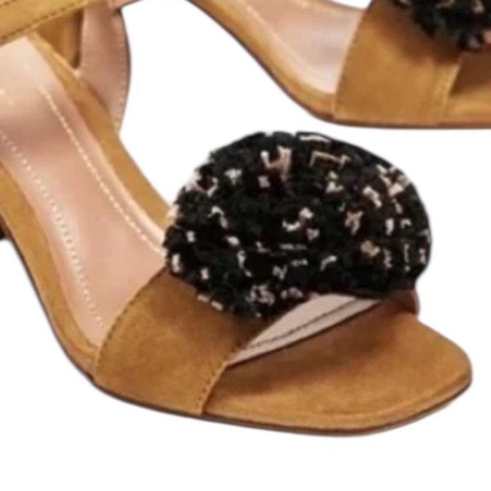 Zara Pom Pom Suede Sandals Tan with Black and Tan Raffia Pom Pom Design Size 7.5 - Picture 3 of 7
